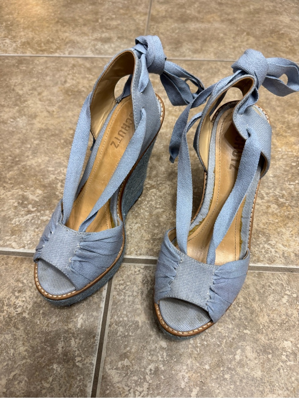 SCHUTZ Light Blue Denim Peep-Toe Wedge Sandals with Ankle Wraps